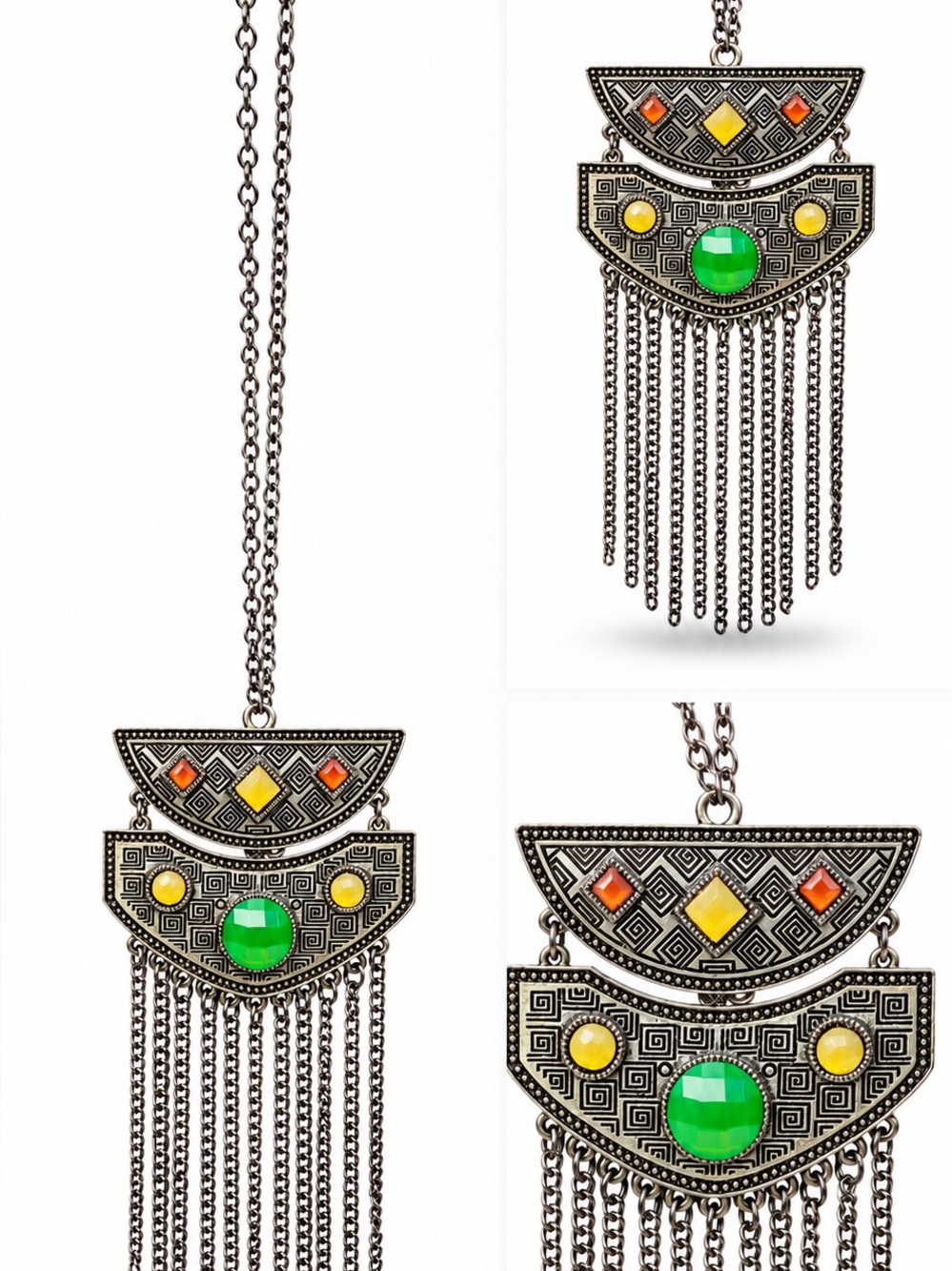 Boho Tribal Statement Necklace with Chain Fringe & Colorful Accents